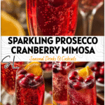 A glass of sparkling Cranberry Ginger Mimosa with Prosecco, orange slices, and fresh cranberries set on a holiday table.